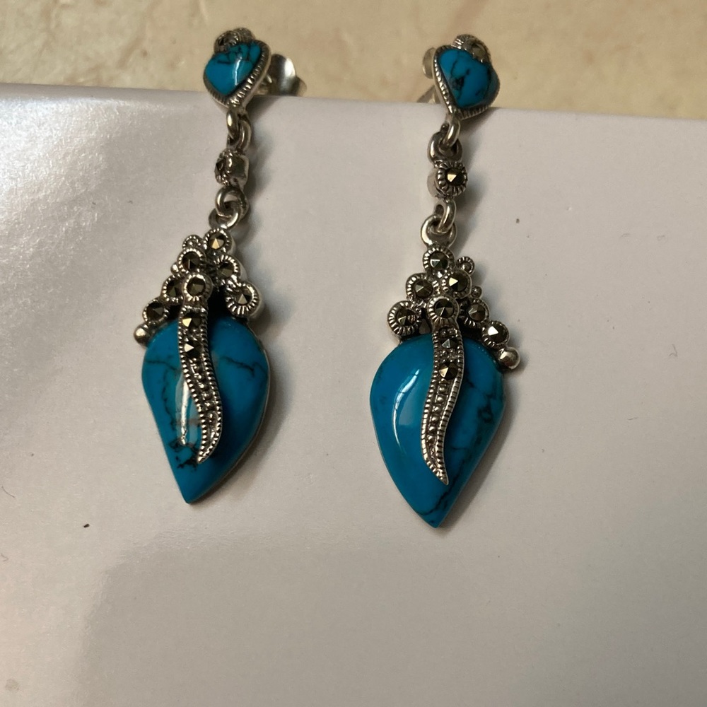 Turquoise Sterling Silver Marcasite Dangle Earrings
